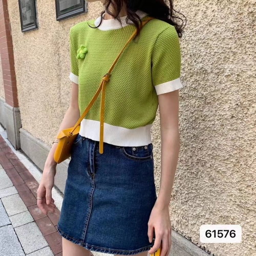 Contrast color ice silk knitted short sleeved women's  summer thin high-grade feeling waffle loose lazy top small man