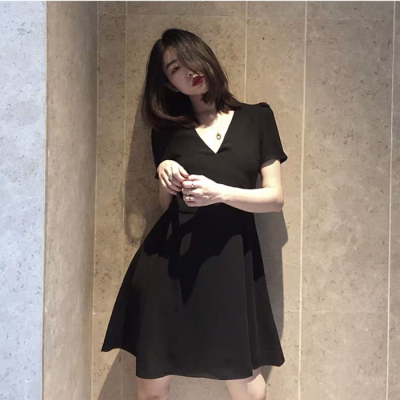 Korean summer new small fragrance Hepburn small black dress high waist collar retro slim word dress