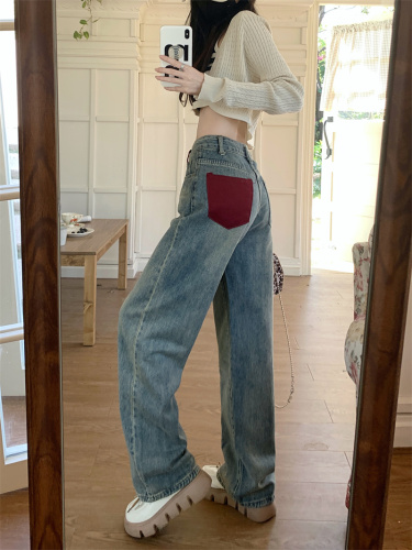 Real shot personalized red pocket jeans women's spring  new loose and slim straight wide-leg pants