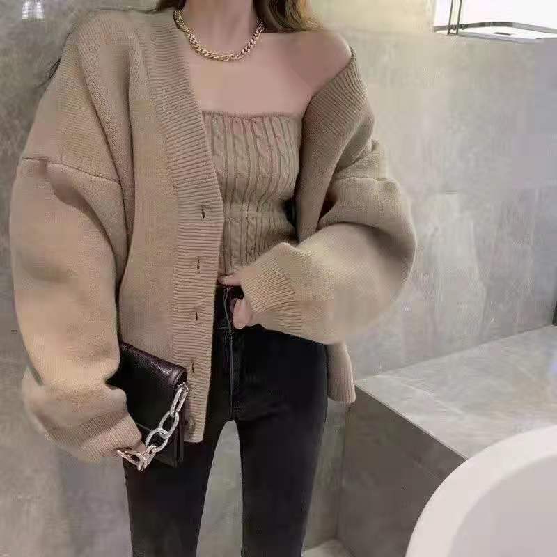 Fashion trend versatile sweater Khaki bra knitted cardigan small coat two-piece suit foreign style age reduction