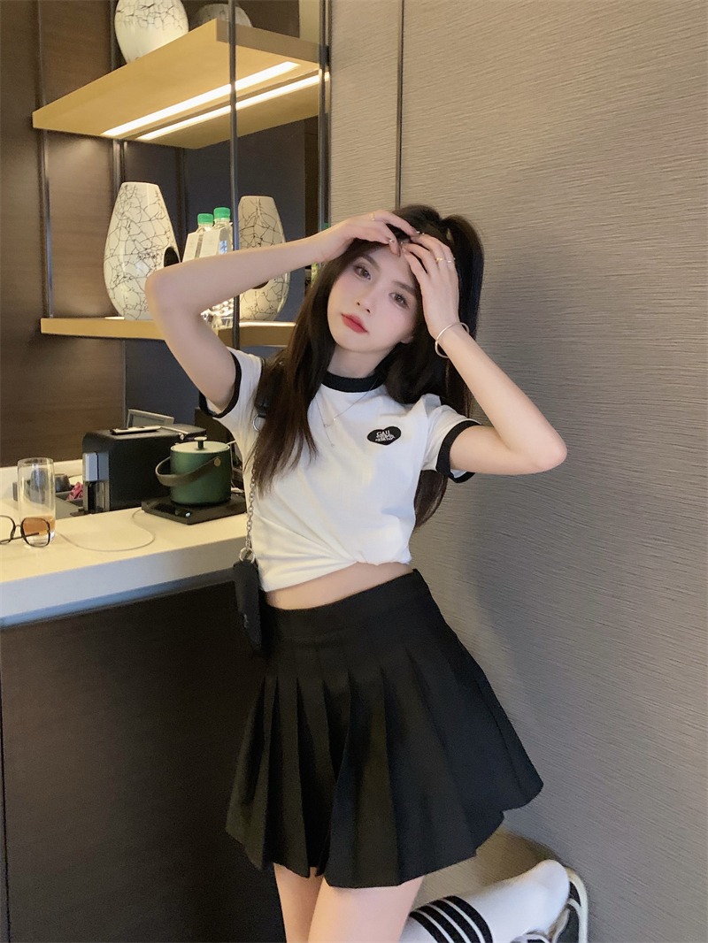 Real shooting 100% fiber pit strip design sense of minority high waist T-shirt women's short sleeve short top summer slim women's wear