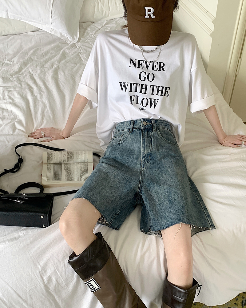 Real price 2023 summer new high-waist denim shorts women's straight loose wide-leg slim five-point pants