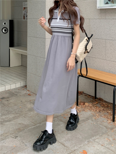 Real price real shot Spring new style~2023 Korean version polo collar striped knitted dress female preppy skirt