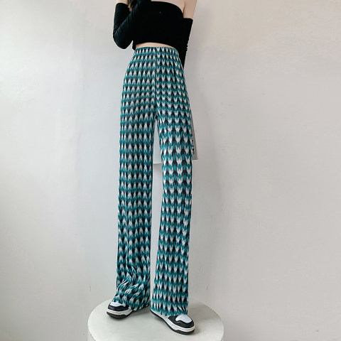 American vibe style Lingge ice silk wide leg pants women's summer new loose vertical casual straight pants trend