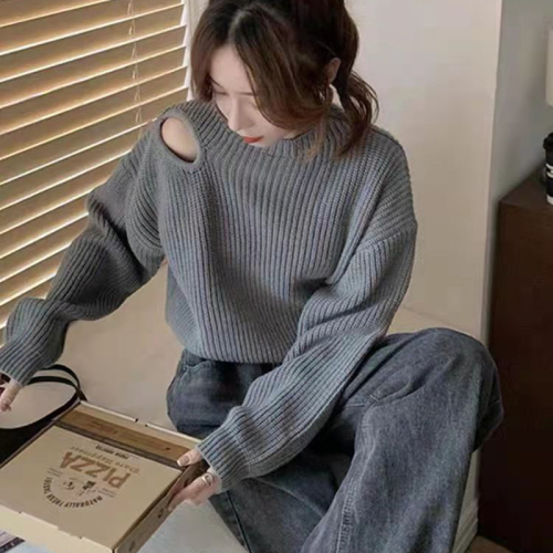 Korean version lazy wind off shoulder sweater long sleeve personalized sweater Womens Fashion careful machine hollowed out design sense autumn winter short