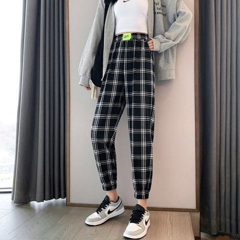  Korean new summer women's loose Plaid Leggings net red plaid Harem Pants women