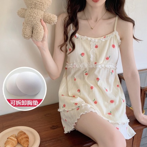 Real shot with chest pad pajamas women summer sweet princess wind lace sexy suspender pajamas summer fairy wind