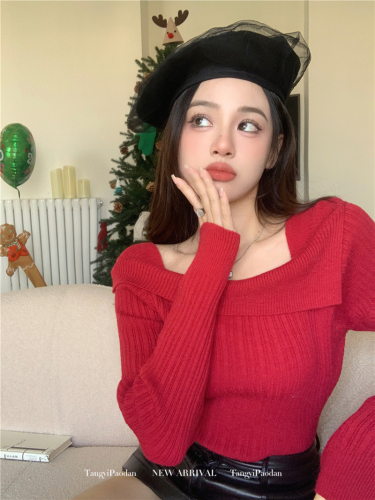 Real price real price Christmas red one-shoulder sweater women's autumn and winter new high-end design sense of thin knitted top