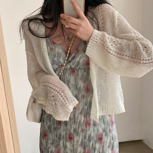 Real price chic Korean lazy loose hollow short sun protection knitted cardigan long sleeve thin coat for women