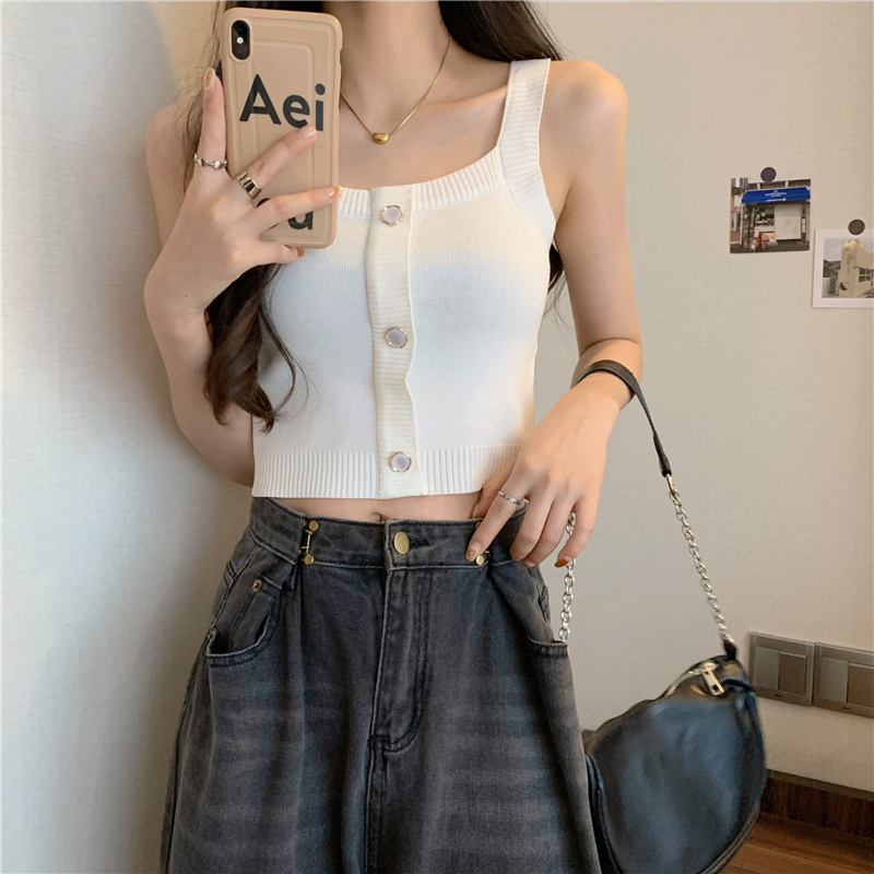 Real shot real price French small suspender vest women's interior with summer design sense short leaky belly button sleeveless Knitted Top