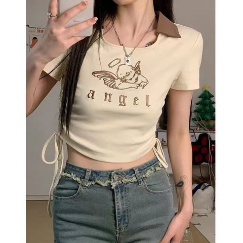 Official figure /65 pull frame cotton / real price lace up polo collar top short waist short sleeve T-shirt women