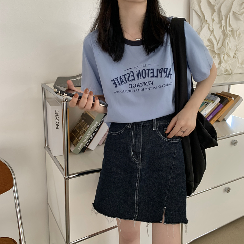 American color contrast round neck short-sleeved T-shirt women's summer letter printing loose short retro top ins