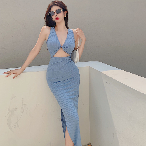 Real shooting, real price design, positive and negative two wear sexy backless sleeveless long skirt, solid color side split dress, female