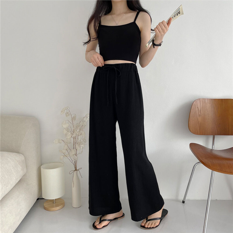Elastic waist lace up adjustment leisure straight tube wide leg pants 2022 small fresh literature and art thin floor dragging pants linen women