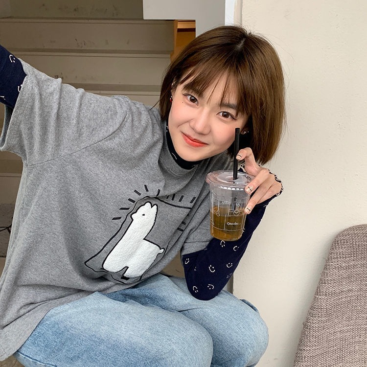2022 spring new three-dimensional Alpaca frosted thickened T-shirt Korean cartoon fat mm loose top fashion