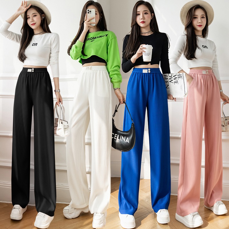 Ice silk casual pants women's spring and autumn high waist loose vertical feeling straight tube wide leg pants tall thin and versatile floor mopping pants