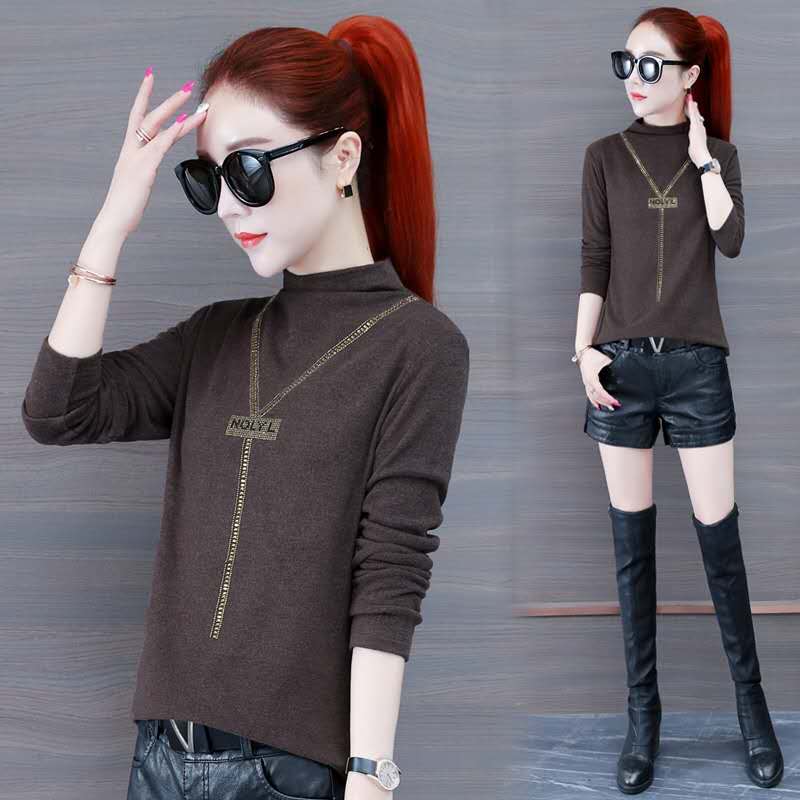 Half high collar double faced velvet bottomed T-shirt for women autumn winter 2020 new style plush and warm warm warm with autumn clothes inside