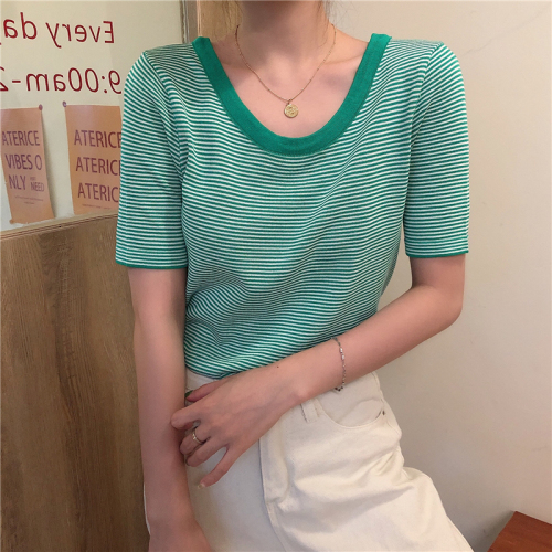 Real photo real price new striped T-shirt women's round neck short sleeve slim top