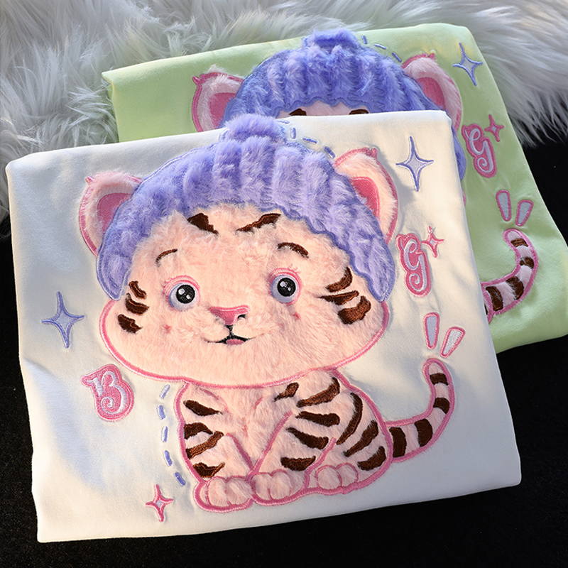 New Korean fashion tiger flocking heavy industry all-match loose cotton T-shirt