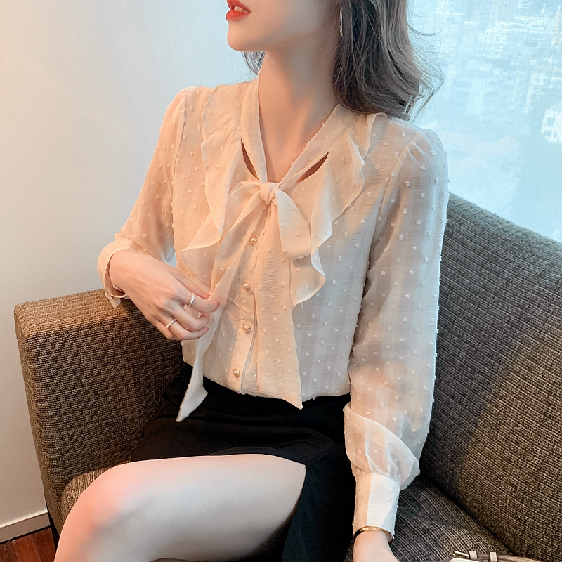 Chiffon shirt women's spring new design sense of minority shirt bow Ruffle long sleeve top