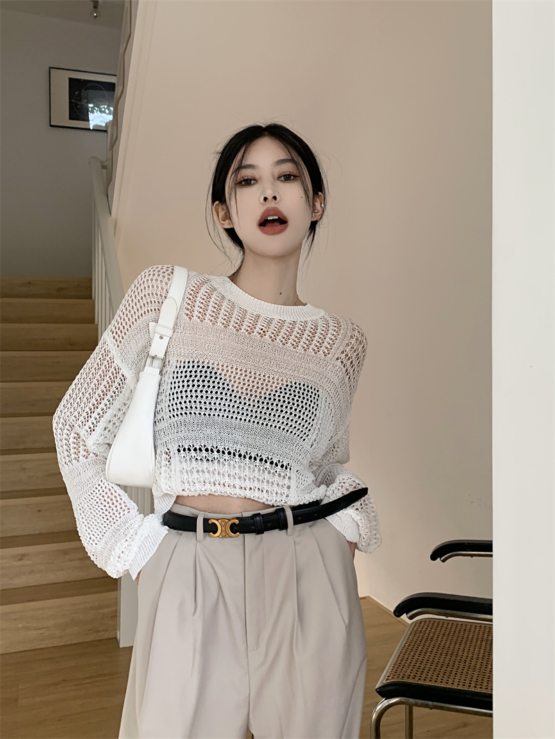 Real shot real price Hollow crochet round neck short knitted sweater women's summer all-match thin sunscreen blouse