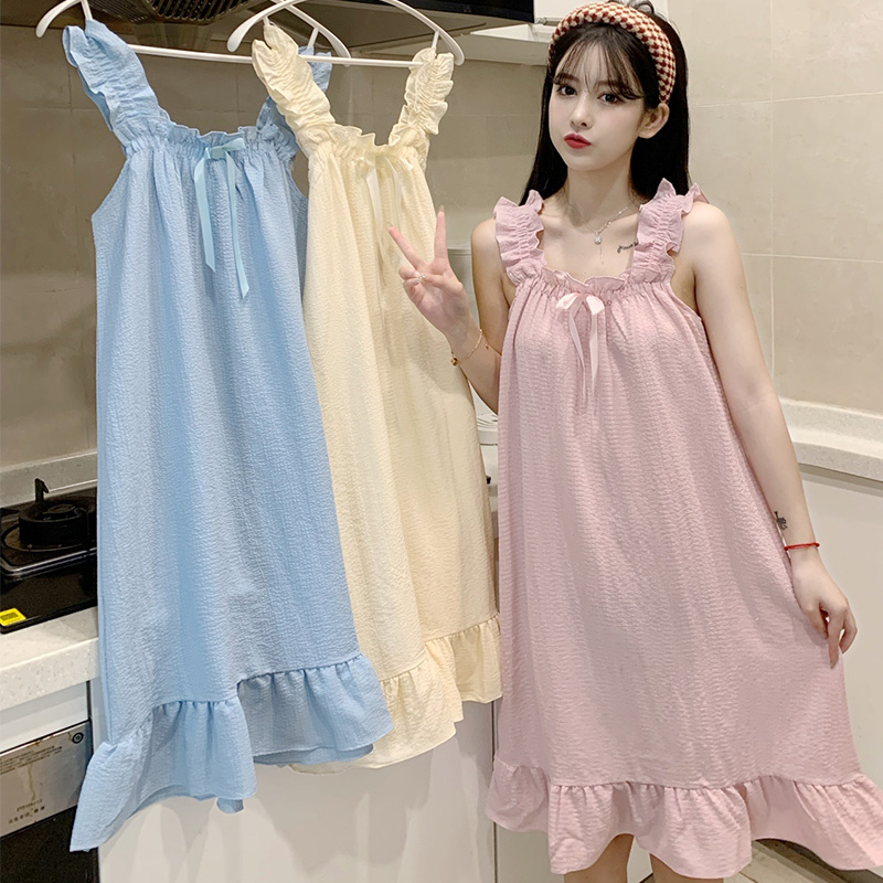 Real shot of Korean suspender vest nightdress medium long summer bubble sweet princess style lovely nightwear home clothes