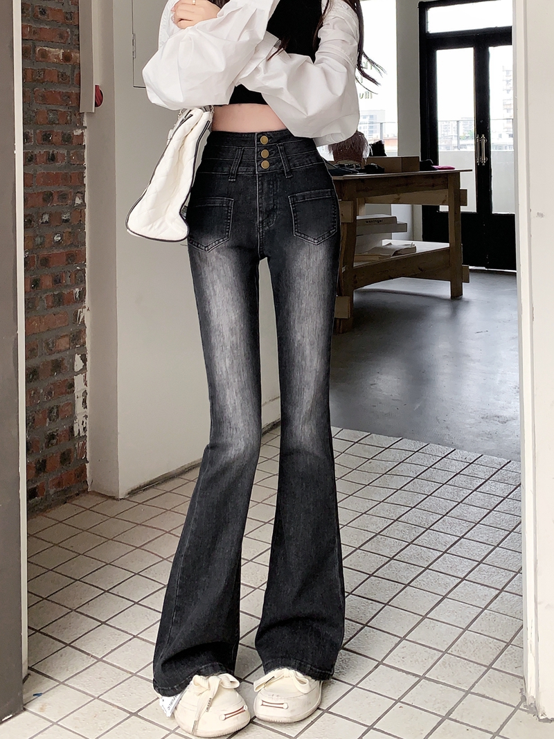 Real shot real price#Stretch micro-laden jeans women's design sense button-up patch pocket long trousers