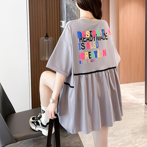 Real shot pull frame cotton back Lapel short sleeve T-shirt women's summer high waist doll middle and long design top