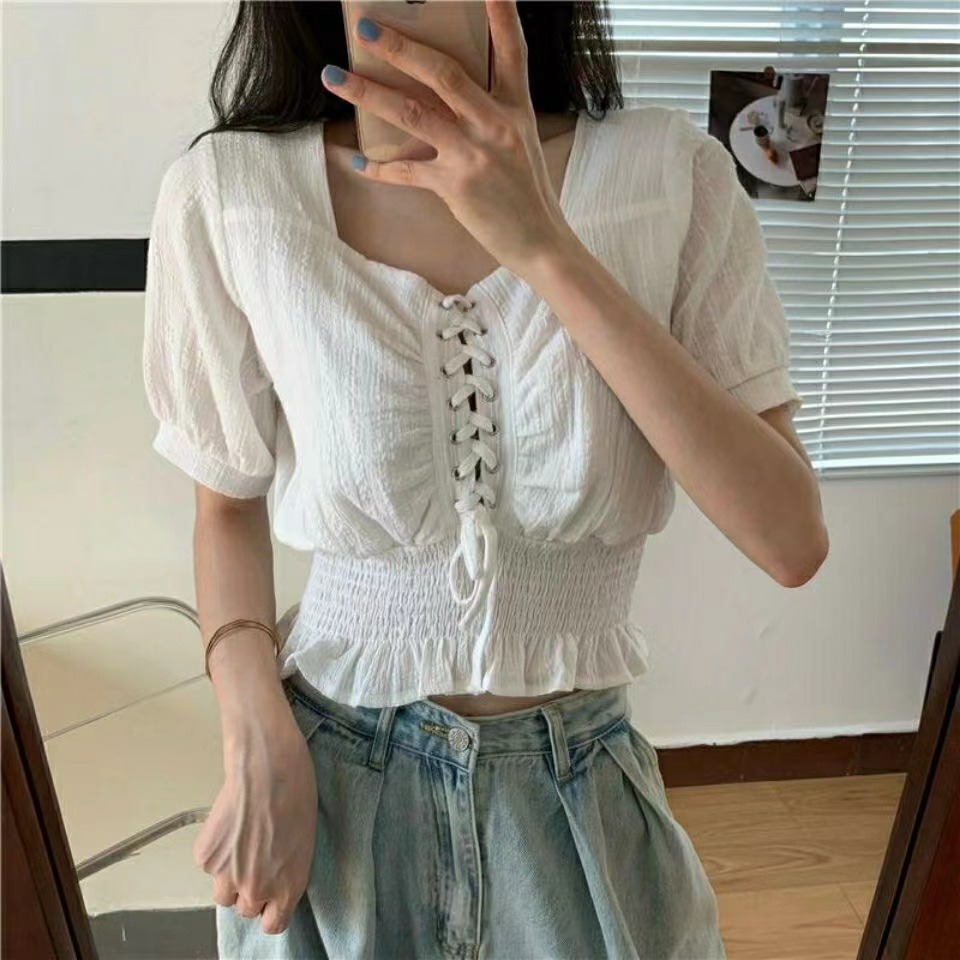 French retro square neck bubble sleeve shirt women's short open navel sexy top design feeling machine short sleeve shirt summer