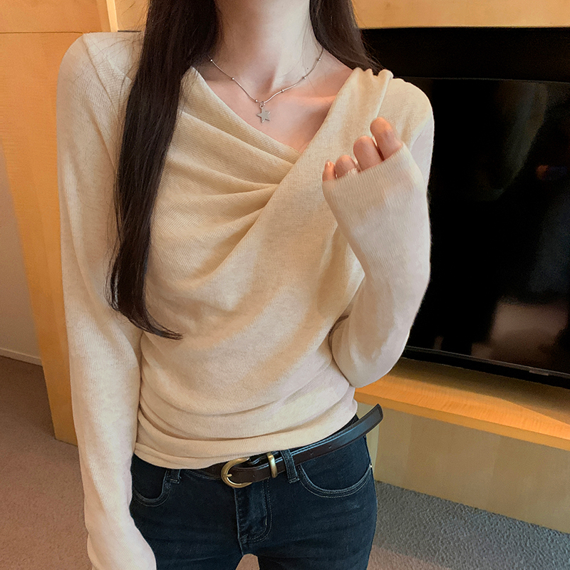Photographed Image Korean Style Draping Collar Twisted Pleated Slanted V-Neck Long-Sleeve Knit Top for Women Early Autumn New Arrival Short Design-Focused Top