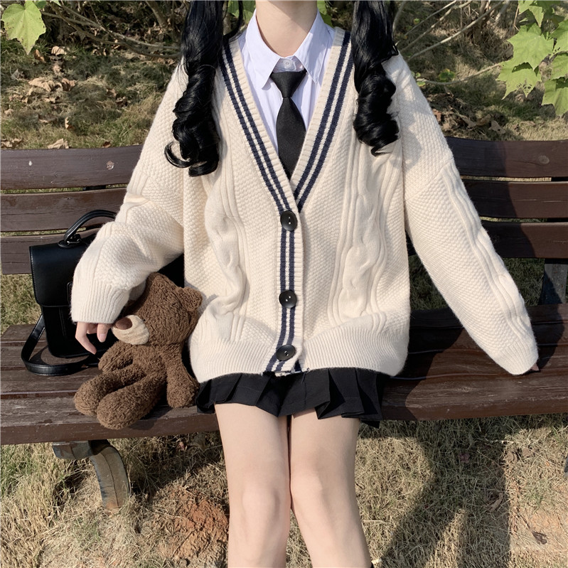 Korean sweater, knitted cardigan, women's 2021 autumn and winter new college style aging jacket with long sleeve loose foreign style