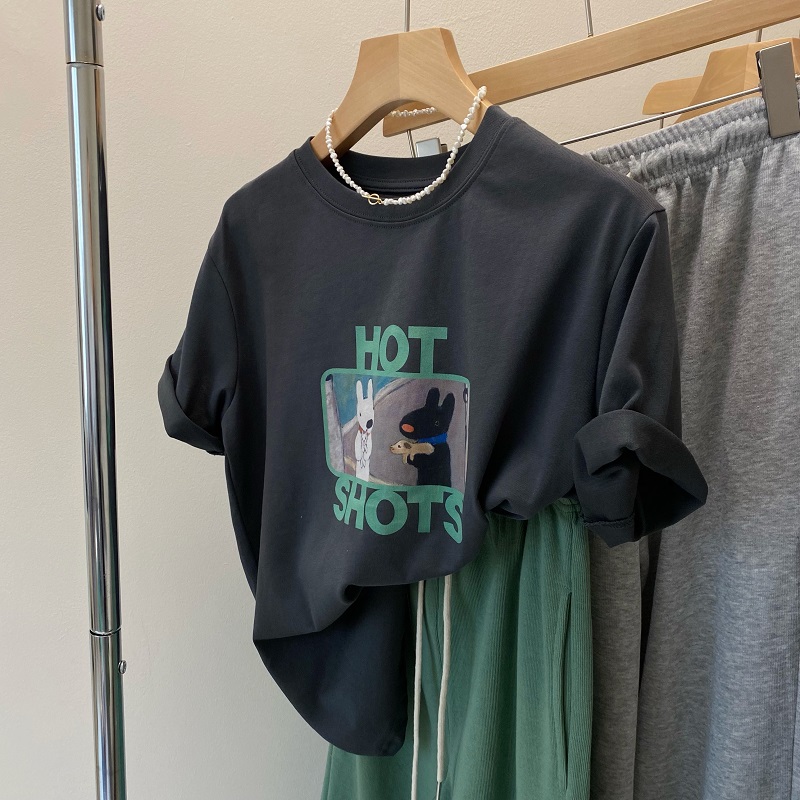 Soft skin friendly funny cartoon contrast letter loose round neck versatile cotton Korean Short Sleeve T-Shirt women 2022 summer