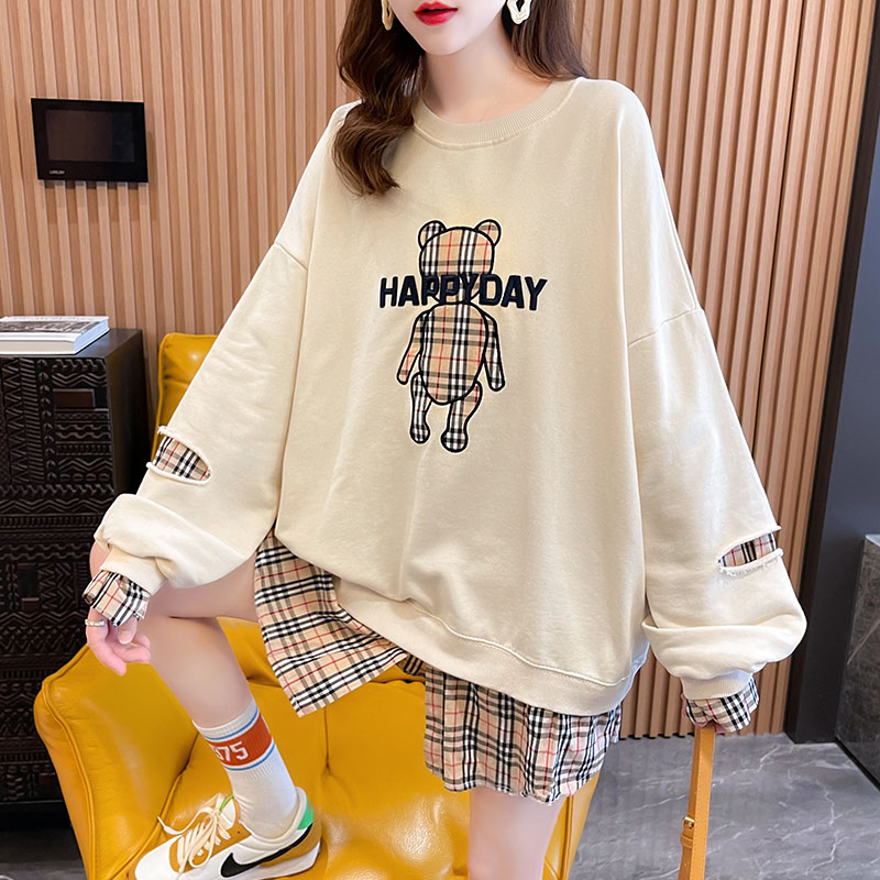 Real Cotton autumn new Plaid fake two embroidered thin women's sweater