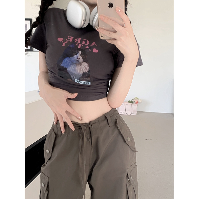 Official picture 6535 pull frame cotton American retro tight cat T-shirt women's summer new shoulder short sleeves