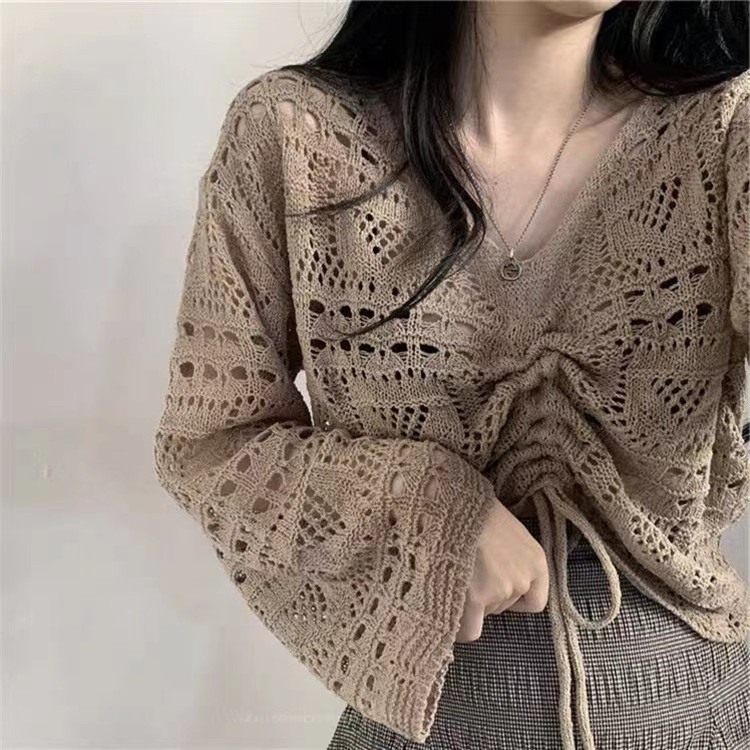 Korean chic thin hollow out sweater Pullover Sweater drawstring V-Neck long sleeve slim top