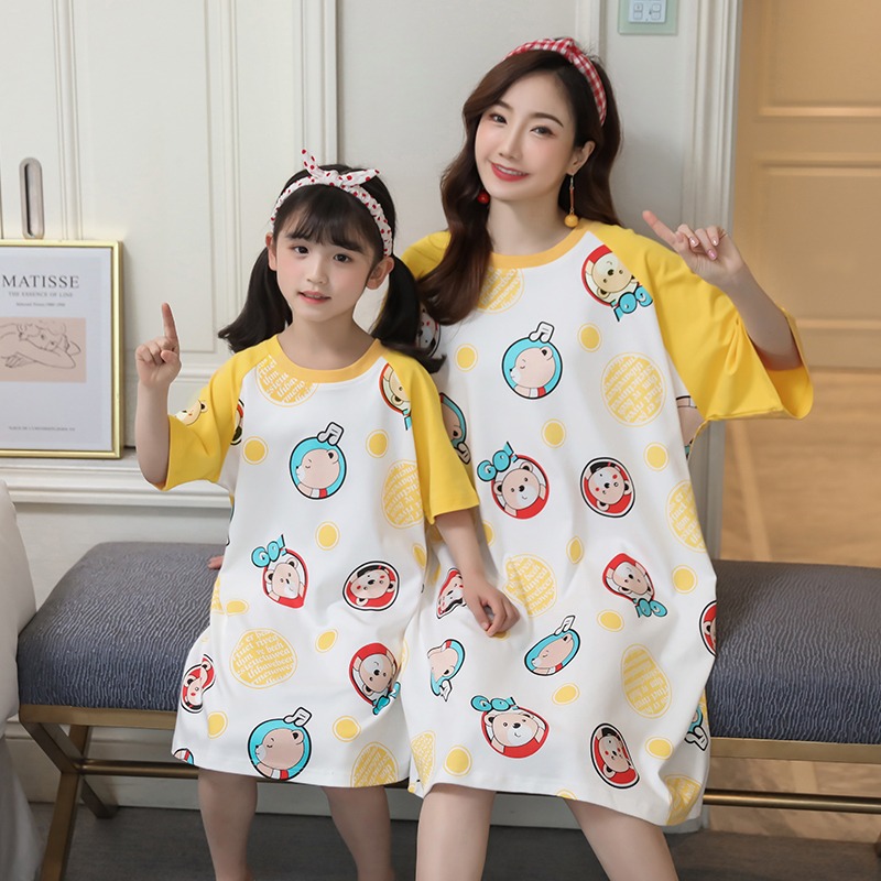 Real shooting pajamas female cotton lovely short sleeved nightdress summer can wear parent-child home clothes