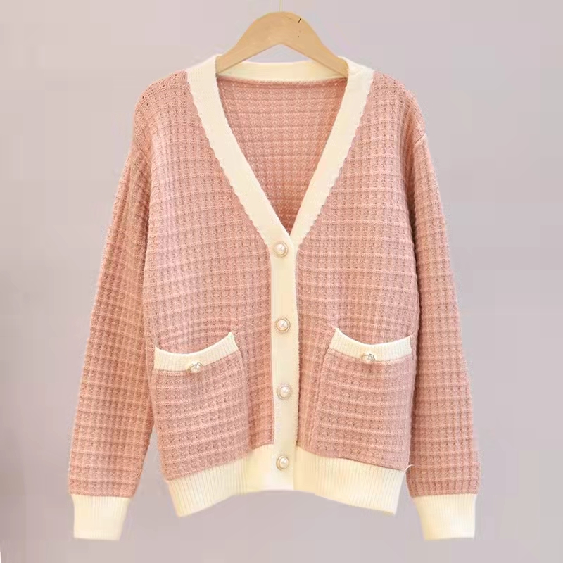 2021 autumn winter new sweater xiaoxiangfeng solid color cardigan Korean casual loose thickened V tie pocket sweater