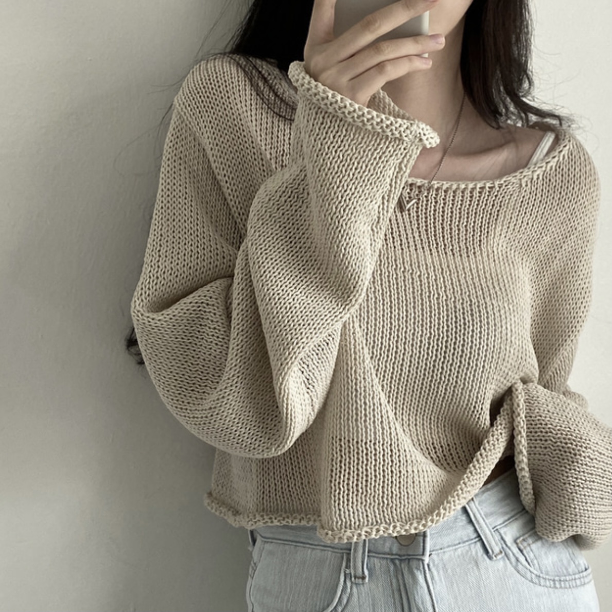 Korean one-word collar casual lazy sunscreen blouse thin section ice silk all-match knitted top women