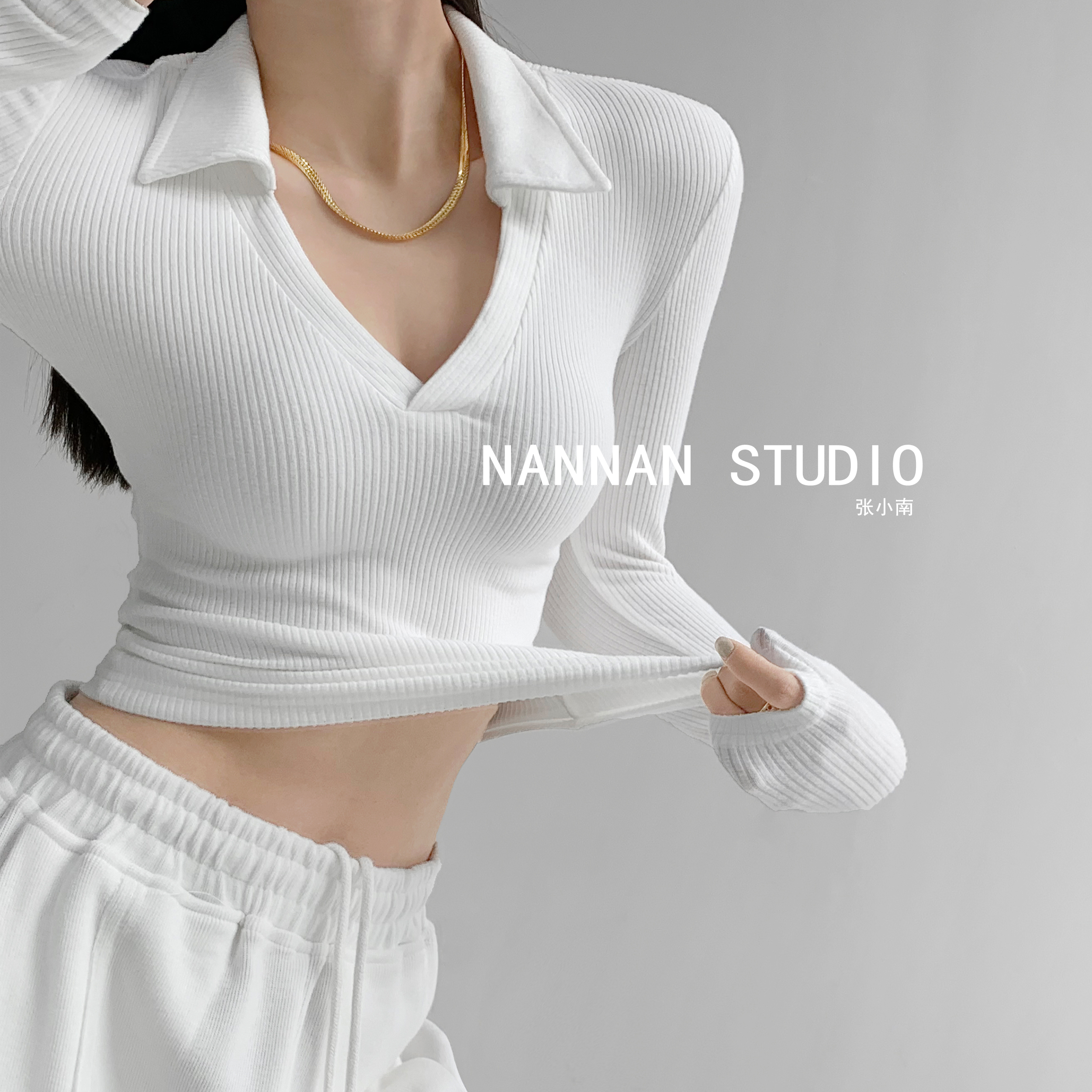 Real shot-European and American hot girls sexy V collar stretch show slim slim polo shirt retro spring and autumn long sleeve bottom T top
