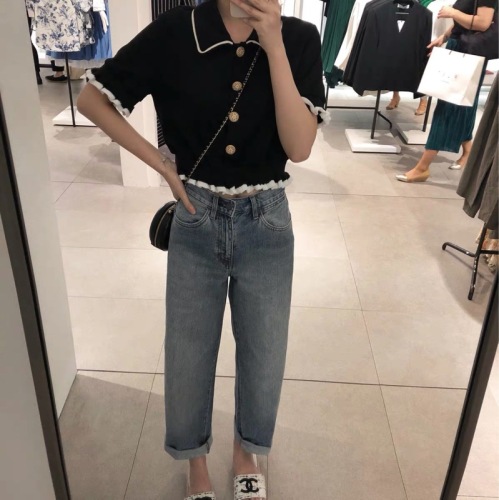 Zhenzhen's new black knitwear summer ear edge top slim short sleeve blouse women's short school style