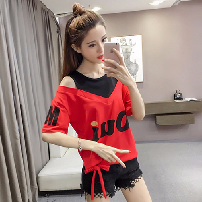 2022 summer off shoulder bandage letter printed fake two-piece T-shirt short sleeve t-shirt female