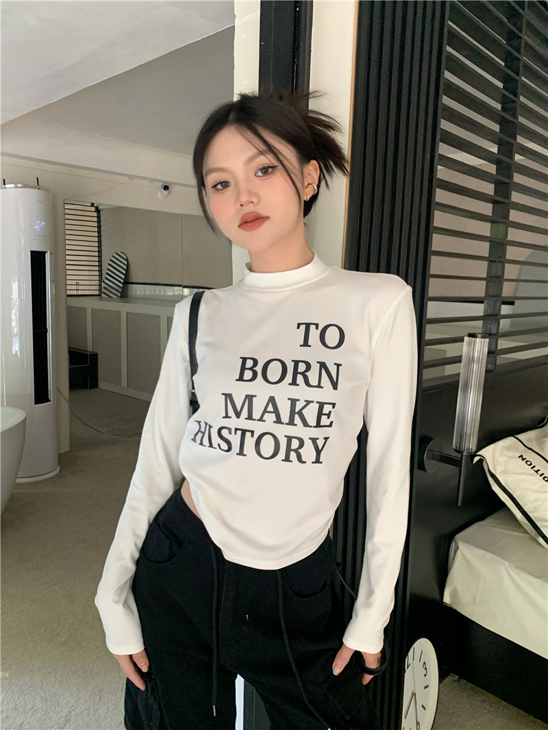 Real auction real price all-match small turtleneck letter printing plus velvet thick long-sleeved T-shirt