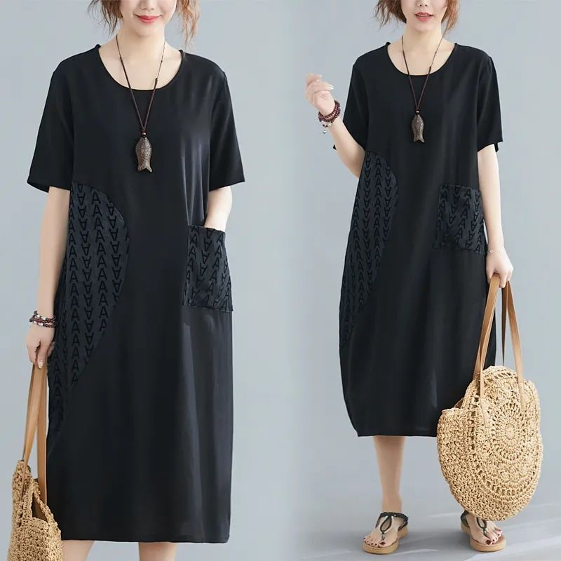 Large mom dress long short sleeve loose and thin stitching casual long skirt