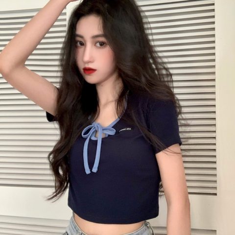 Real price cotton design sense of minority lace up bow short high waist short sleeve T-shirt women