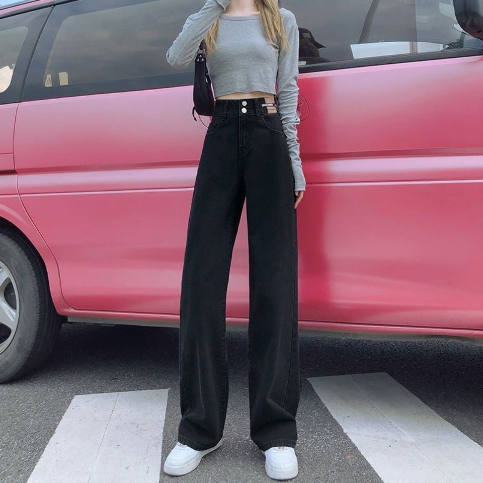 Korean version of the four seasons jeans women's all-match new straight loose high waist Korean version slim wide-leg mopping pants women