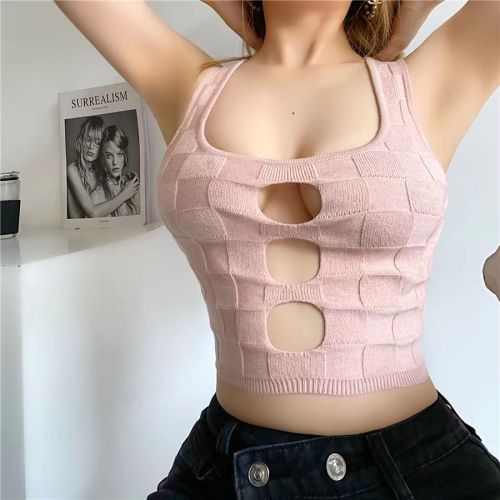 Hot girl sexy navel exposed knitted vest women's  summer square neck short navel exposed slim fit with fashionable top inside