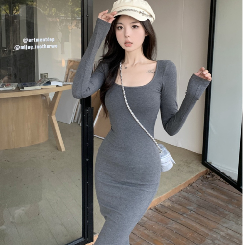 Women's Autumn/Winter High Collar Sexy Long Sleeve Dress, Pure Desire Style, Waist Cinching Inner Layer Base Dress, Tight Bodice Long Dress
