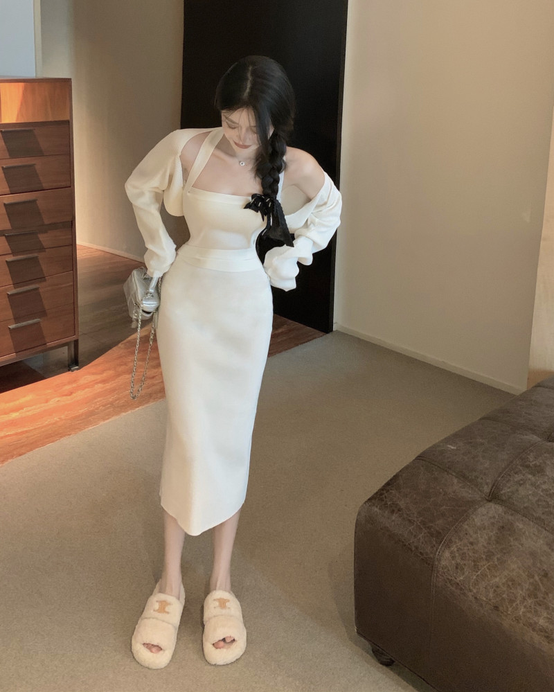 Real price real shot knitted dress autumn sweater cardigan two piece suit 2021 dress