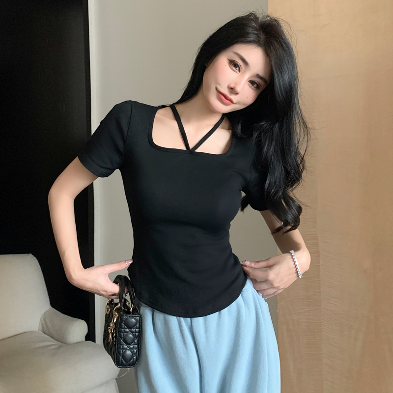 Real shot pure desire wind hanging neck short-sleeved black T-shirt summer new slim slim top hot girl bottoming shirt women's clothing