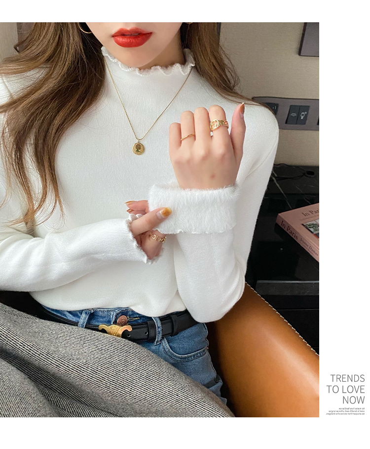 Sweater women's winter plus velvet thickened half-high collar bottoming shirt with 2022 new one-piece velvet wood ear knitted top